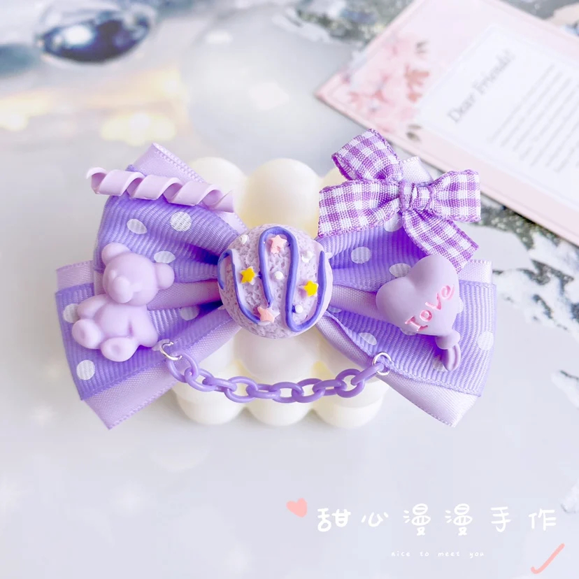 Oryginalny Handmade Lolita słodki łuk Barrettes Lolita stroik miękka dziewczyna łańcuch boczny zacisk żeński