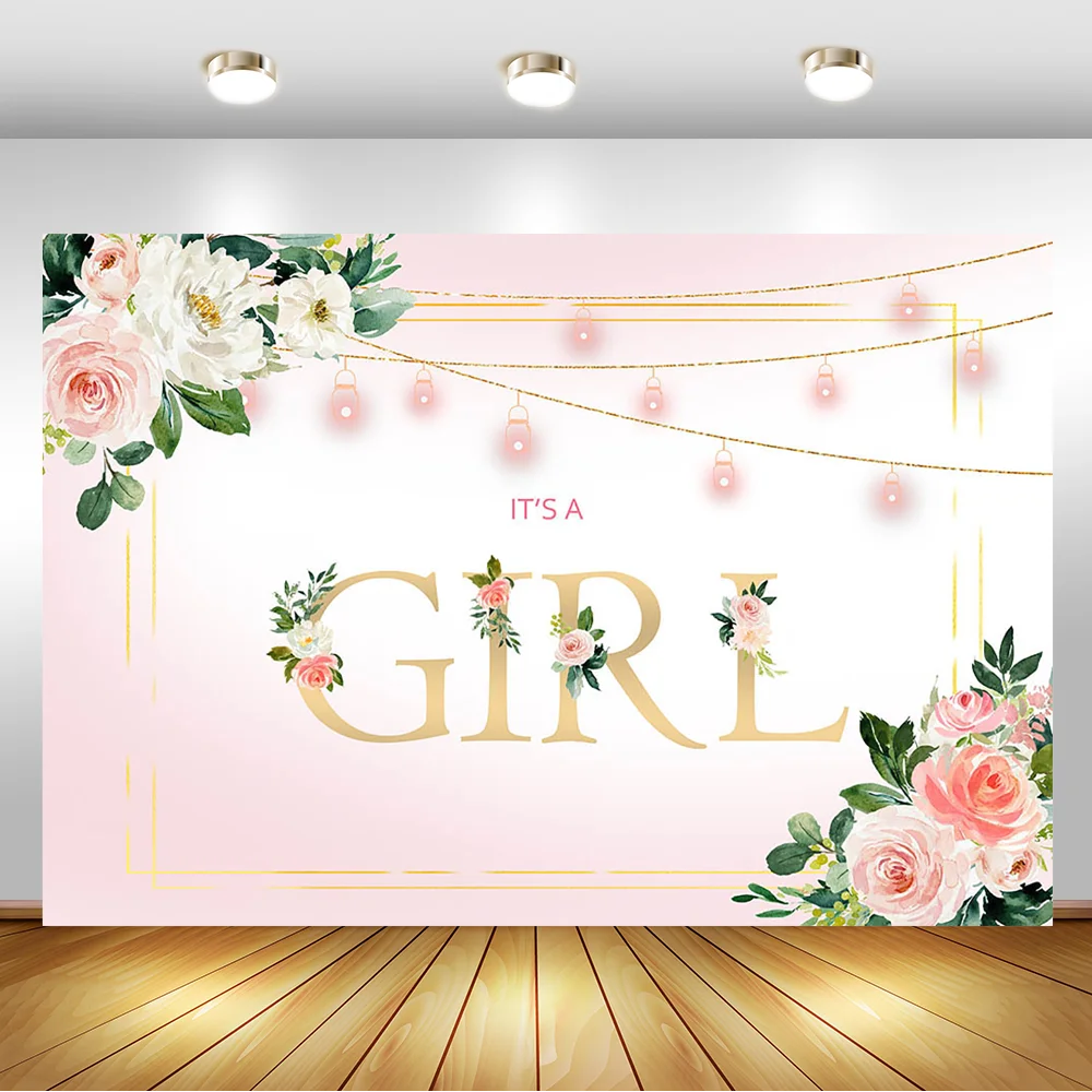 

It's a Girl Baby Shower Backdrop Pink Flowers Background for Photography Customize Birthday Party Floral Decorations Supplies