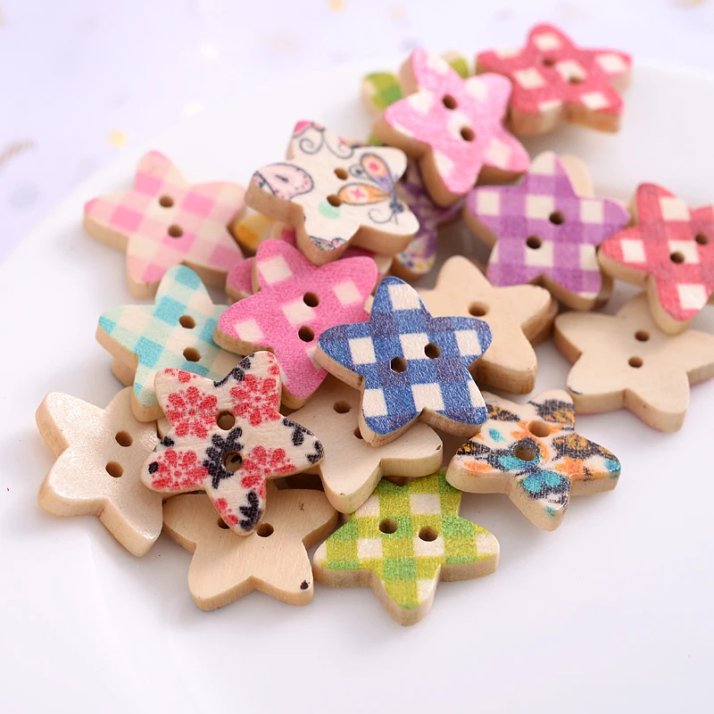 50Pcs Five-Pointed Star Shape Wooden Sewing Buttons Cute Mixed Color Dot Pattern Button For DIY Dolls Crafts Garment Accessories