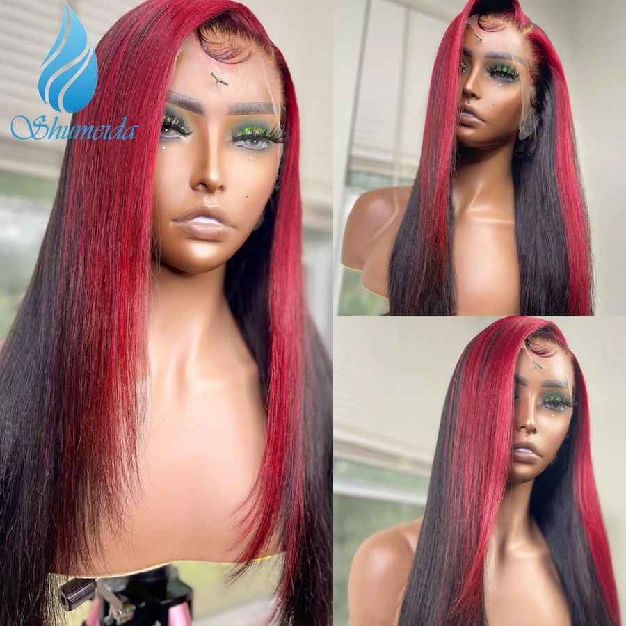 

Shumeida Ombre Red Color 13*6 Lace Front Wigs with Baby Hair Peruvian Remy Human Hair Gluelss Wig for Women PrePlucked Hairline