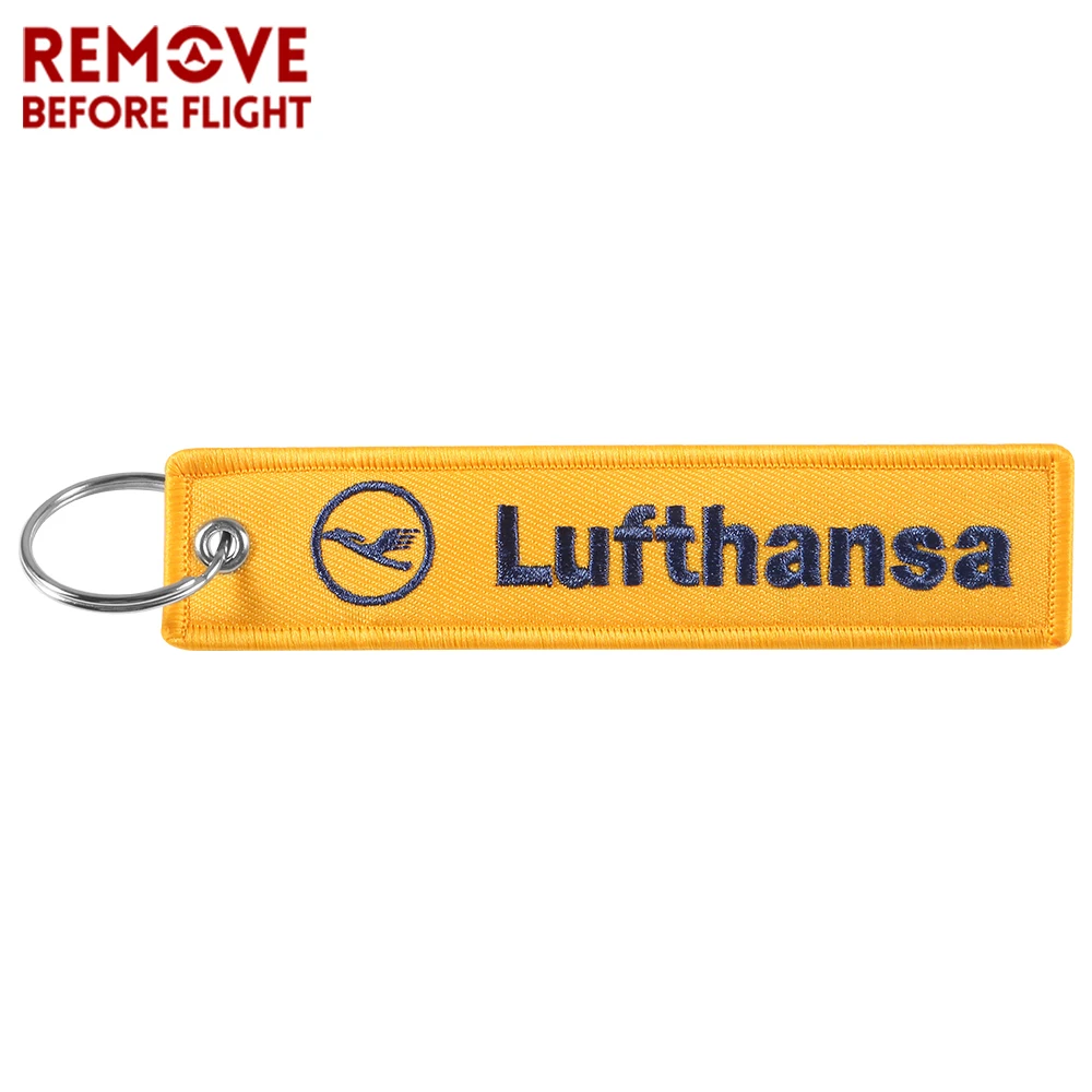 1PCS Embroidery Yellow Lufthansa Keychains Jewelry Key Tag Label Fashion Keyrings Flight Crew Pilot Key Chain For Aviation Gifts