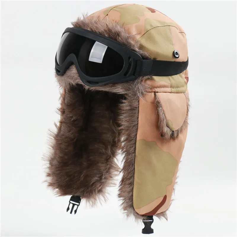 CAMOLAND Winter Bomber Earflap Hats For Women Russian Ushanka Cap With Goggles Male Camouflage Thermal Berber Fleece Snow Caps