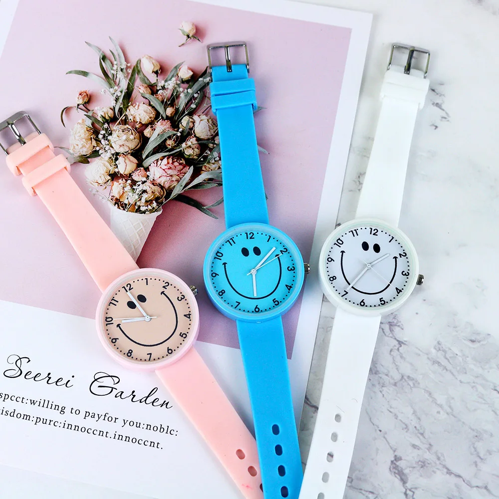 Fashion Dipotong Tersenyum Gadis Jam Tangan Anak-anak Rubber Strap Kuarsa Permen Warna Anak-anak Menonton Jam Tangan Clock Reloj Relogio Feminino