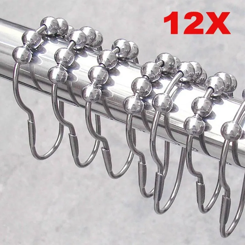 12pcs/pack silver Set Package Polished Satin Nickel 5 Roller Ball Shower Curtain Rings Hooks bath room tool Curtain Accessories