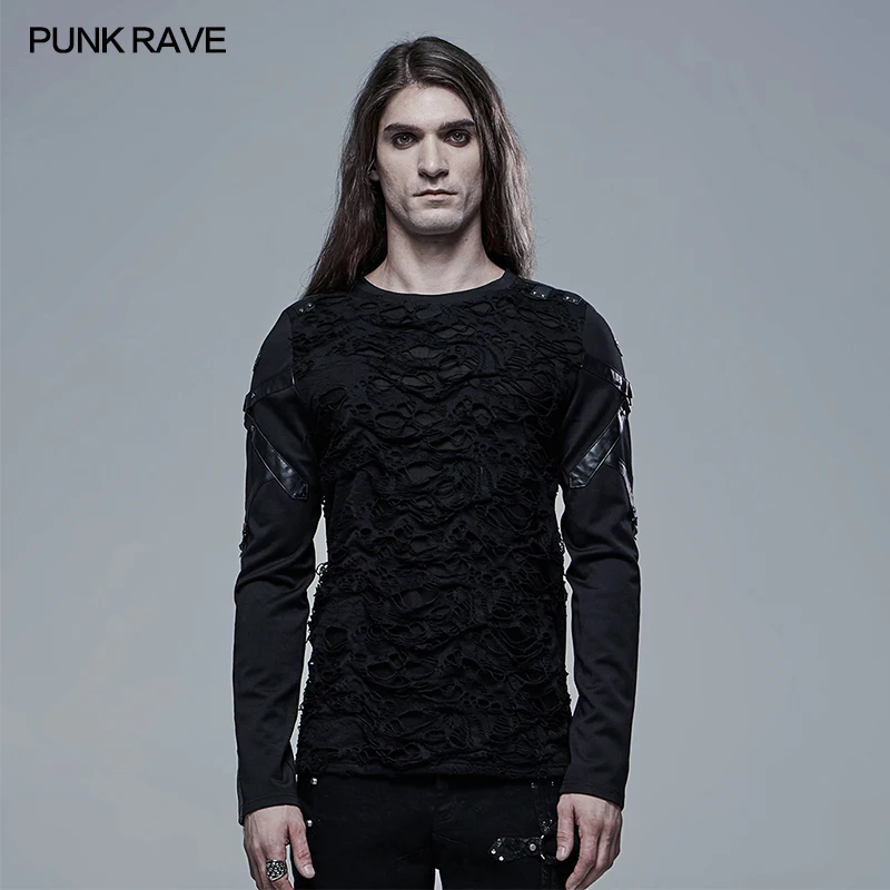 PUNK RAVE Men\'s Gothic Church Building Structure Knited Elastic Long Sleeve T-shirt Punk Personality Casual Men Black Tops