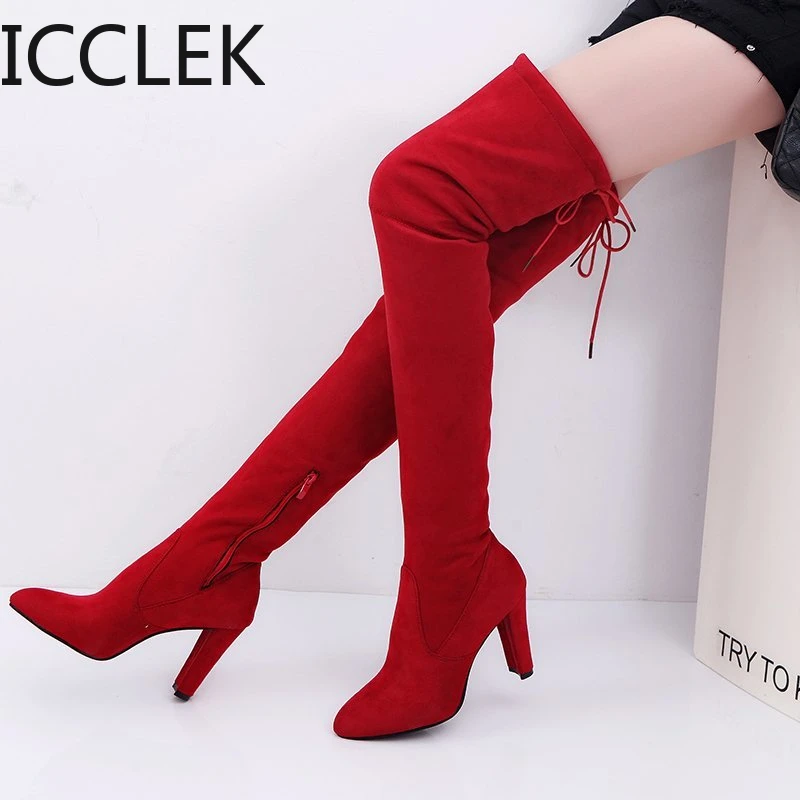 2021 Fashion Stretch Fabric Sock Boots Over-the-Knee Heel Thigh High Pointed Toe Woman Plus Size 35-43 High Heels Boot