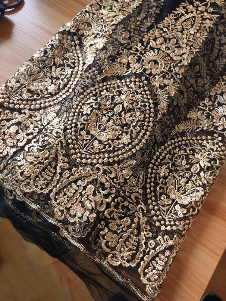 Black net yarn Golden Embroidered Lace Fabric Clothing Women's Curtain Dress Accessories DIY sewing Fabric