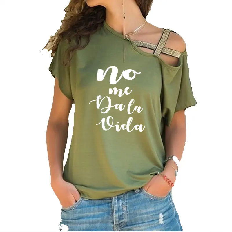 Niet Geven Me Leven Spaans Brief Print Fashion Zomer Vrouwen T-shirt Korte Mouw Casual Onregelmatige Skew Cross Bandage Tee top