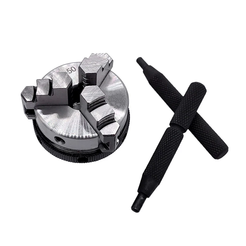 Mini Lathe Chuck 3 Jaws Woodworking Hand-Chuck with Mounting Thread Screw Rod Self-Centering Collet Tool 50mm K01-50