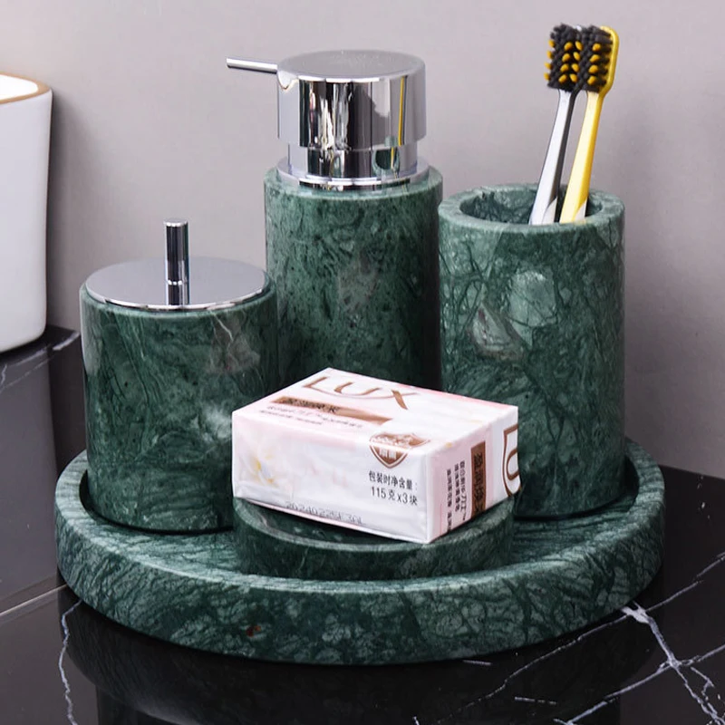 Dark Green Natural Marble Bathroom Set Nordic Style Light Luxury Tray Toothbrush Holder Soap Dispenser Kit Bathroom