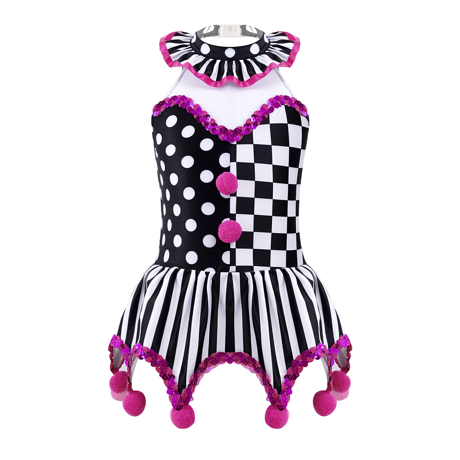 

Kids Girls Circus Clown Cosplay Costume Sequins Sleeveless Plaid Polka Dots Print Pompoms Tutu Dress Party Performance Dancewear