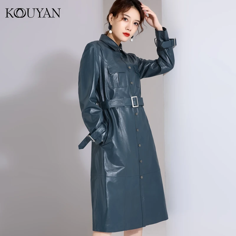 

100% Genuine Leather Jacket Women Winter Coat Female Long Korean Real Leather Coat Ladies Sheepskin Jacket Belt Hiver 298