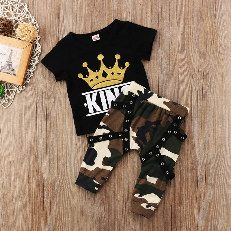 2pcs Kids Toddler Baby Boy Clothes Set Print Tops T-shirt Camo Pants Outfits Set Children Little Boys Clothing 0-5 Years