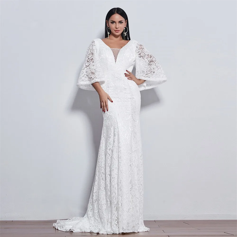 

New long sleeve wedding dress Mermaid Flare sleeve style lace for wedding Vestido de noiva color