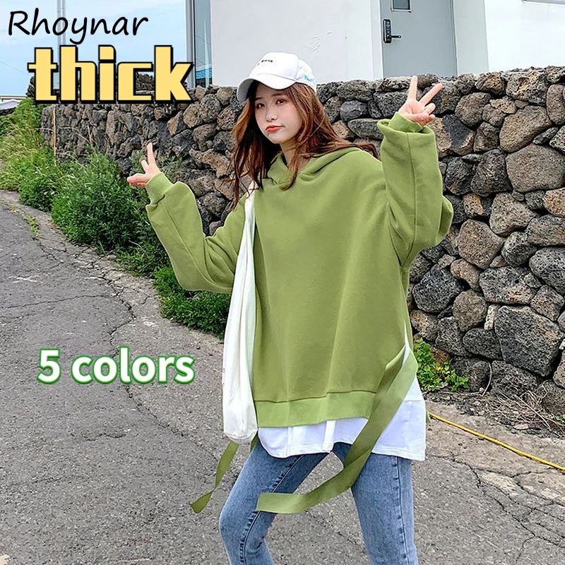 

With Hat Hoodies Women Patchwork 5 Colors Thick Simple All-match Loose Fake 2 Piece Cozy Casual Preppy Lovely Clothing Popular