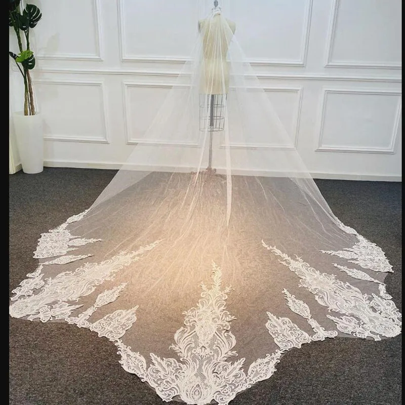 Chapel Length Bridal Veils Lace Appliques In Stock Long Wedding Veils White Ivory Designer Vestido De Noiva Longo Wedding Veil