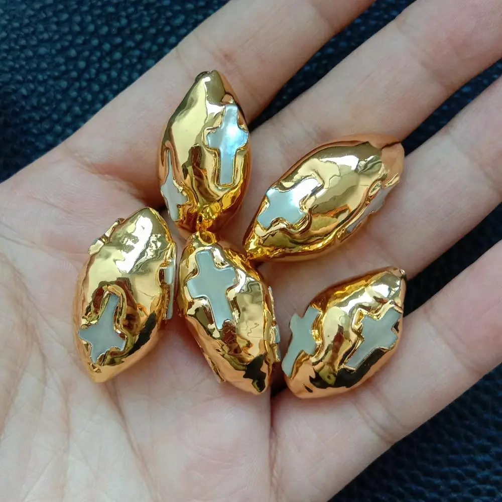 5PCS Natural White Shell Cross Gold Plated Beads For Jewelry Accessories 15x30mm