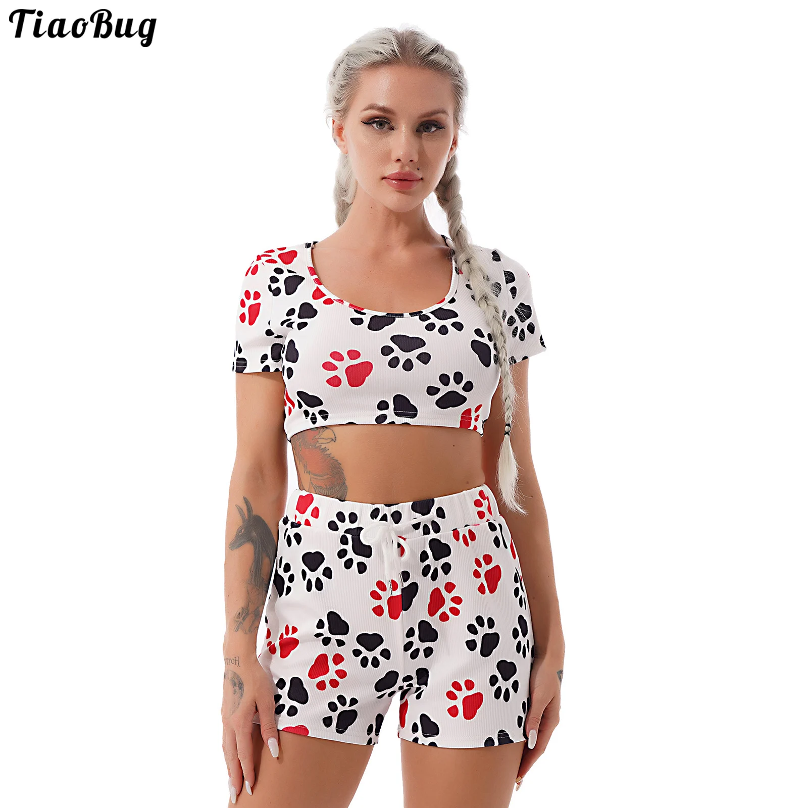 

TiaoBug Summer 2Pcs Women Gym Yoga Sport Suit Round Neck Short Sleeves Cartoon Dog Paw Print Cropped T-Shirt And Shorts Set