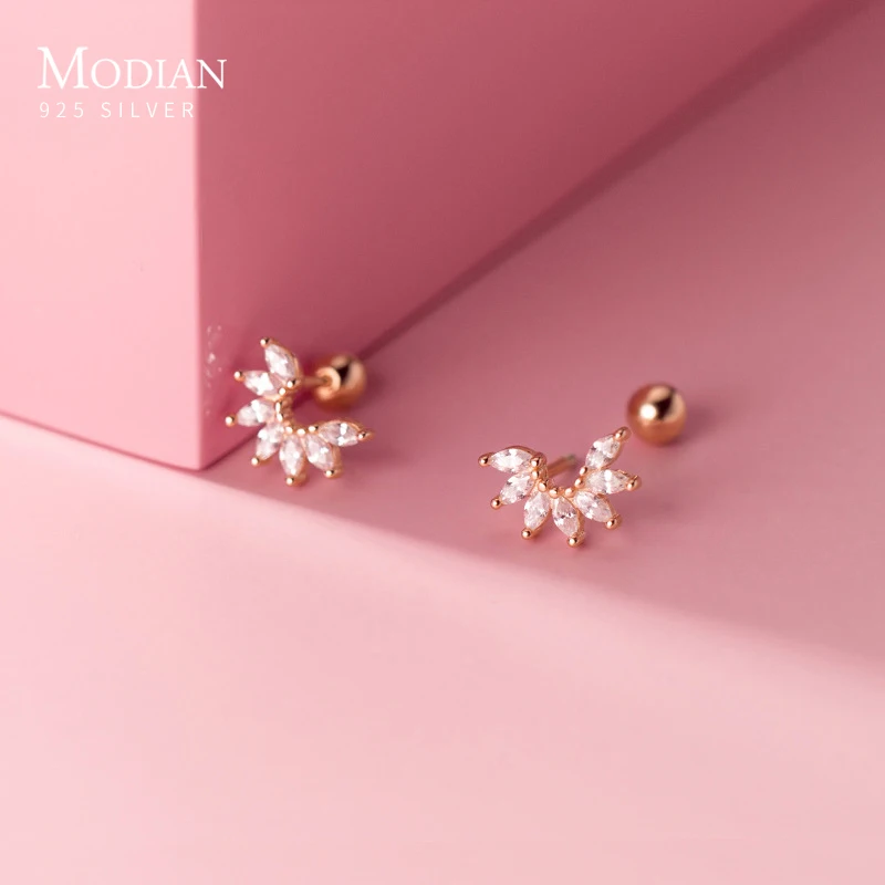 

Modian Clear CZ Sweet Lovely Plant Semicircle Flowers 925 Sterling Silver Stud Earring for Women Geometric Ear Pin Fine Jewlery