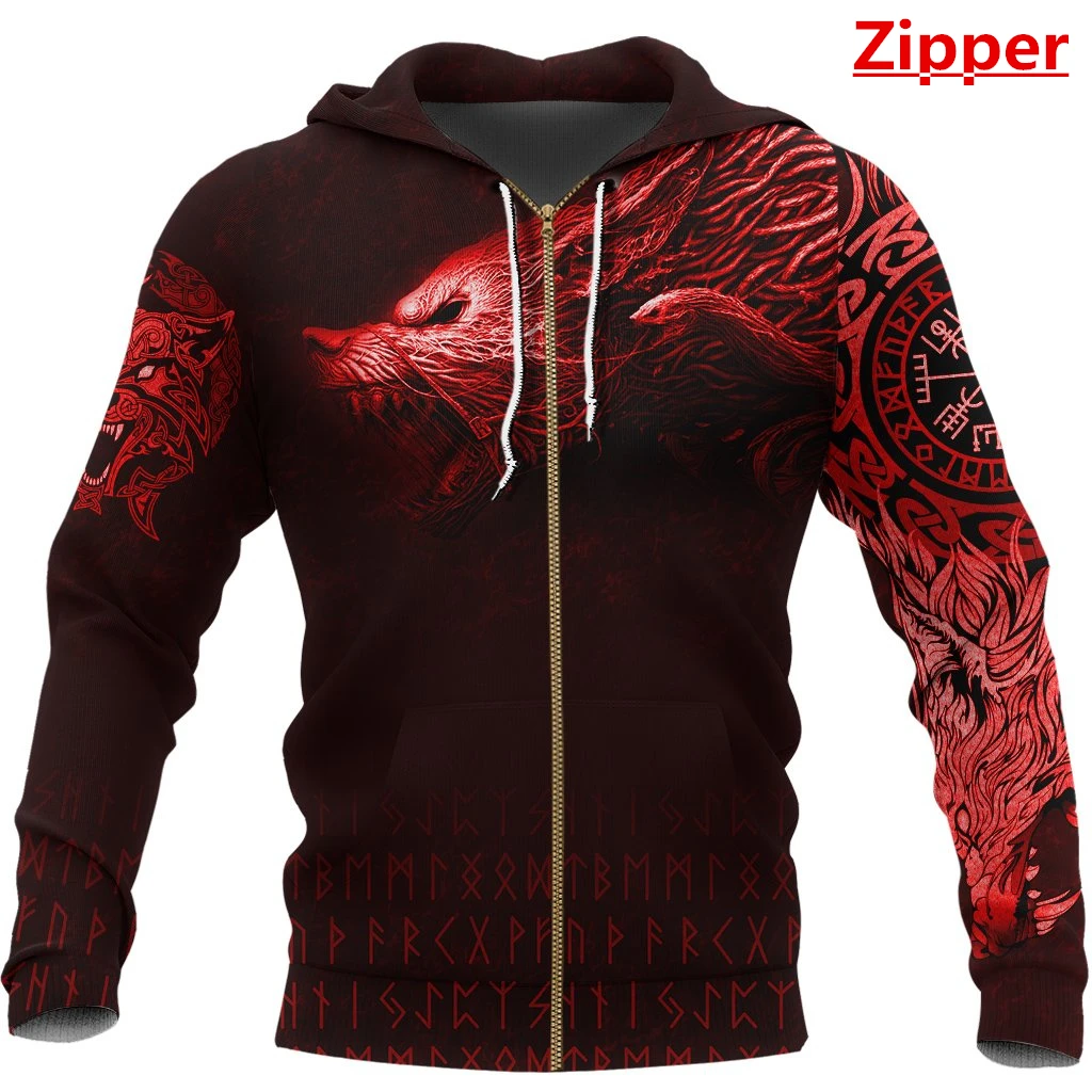 Sweat-shirt à capuche pour hommes, imprimé en 3D, motif Totem Viking, loup rouge, fermeture éclair, unisexe, mode décontractée, DYI279