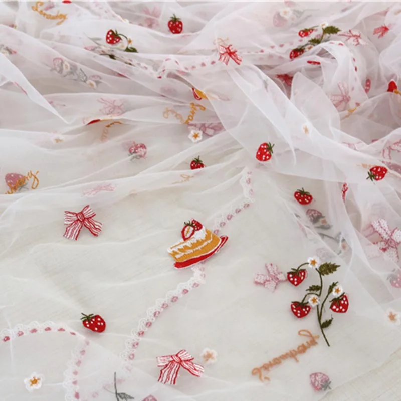 Korean Style Soft Flower Strawberry Embroidery Mesh Fabric Children\'s Clothing Fabric Handmade DIY Fabric Home Decoration