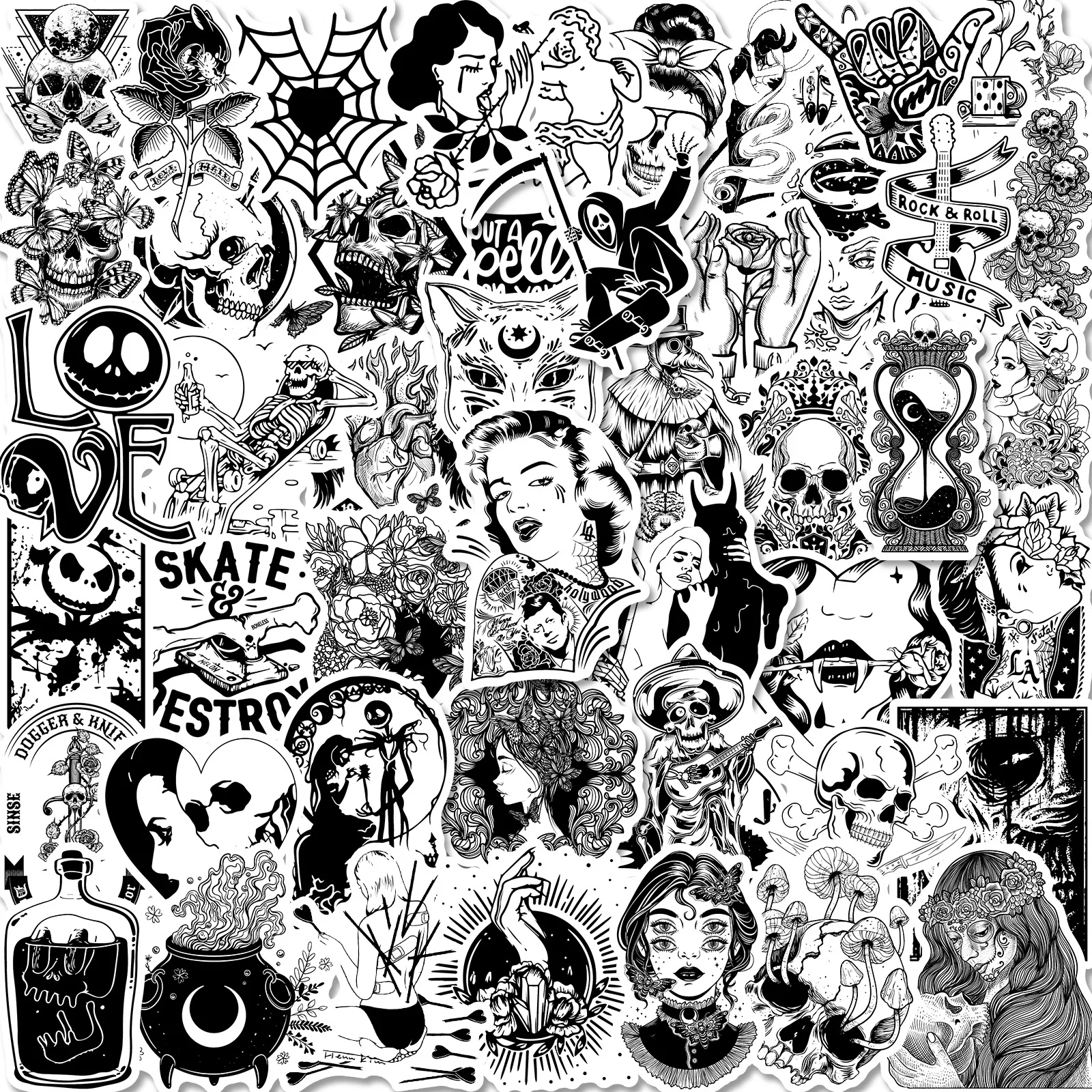 10/30/50PCS Black And White Stickers Gothic Horror Punk Style Gothic Skeleton Graffiti Skateboard Laptop Luggage Sticker Decal 5