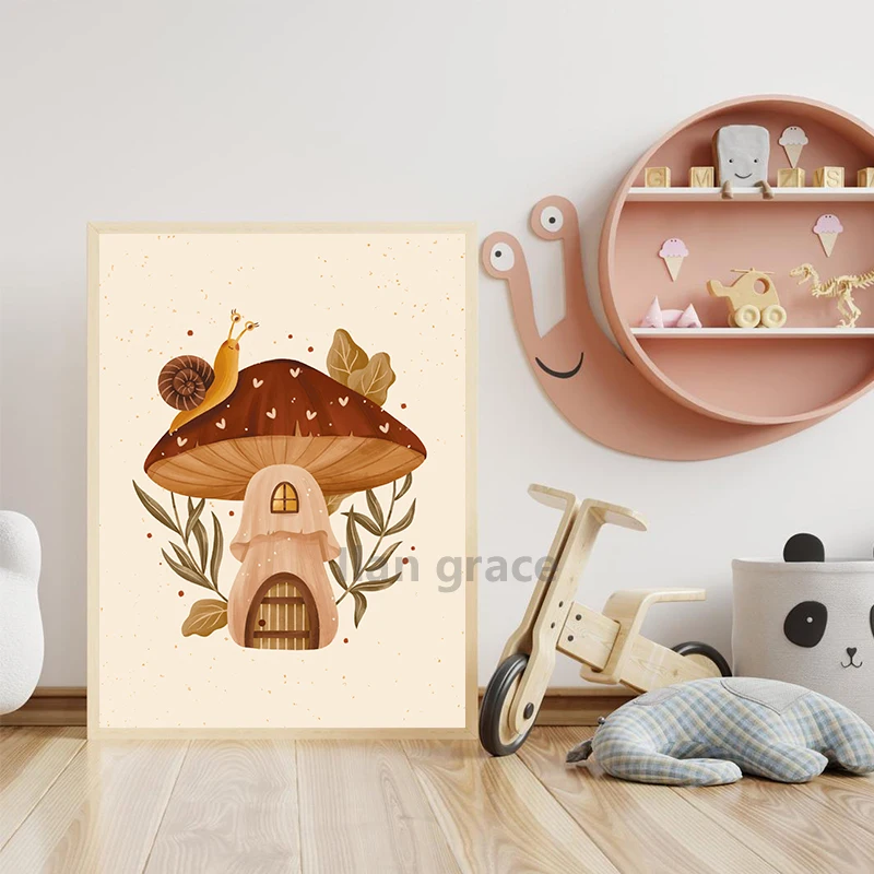 Cute Mushroom Poster Nursery Wall Art Prints , Autumn Forest Botanical Mushroom Canvas Painting Wall Pictures Kids Room Decor