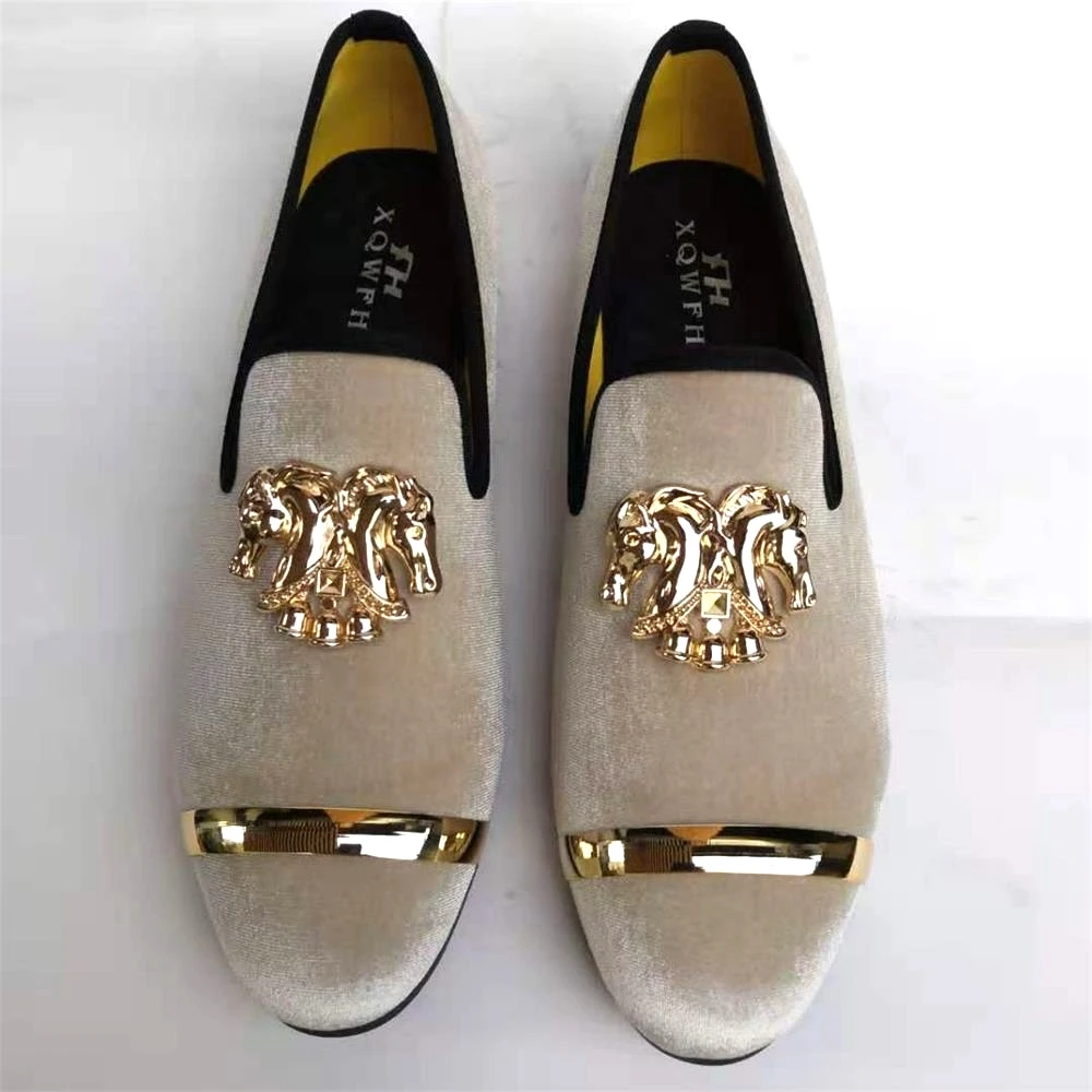 2021 XQWFH fashion men party and wedding handmade loafers  velvet shoes with gold buckle men dress shoe