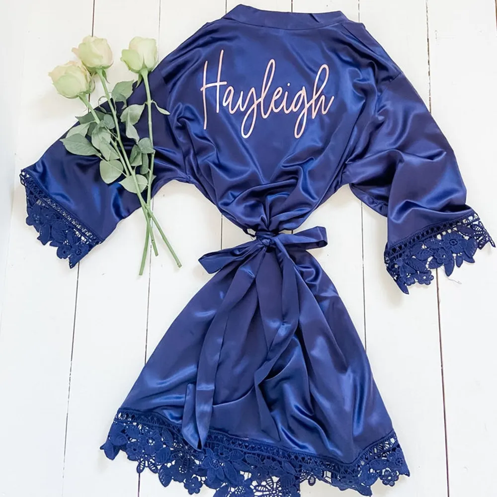 navy lace silk Bridesmaid Robe, custom bachelorette nightgown,wedding Gift,honeymoon nightwear,Bride peignoir get ready bathrobe