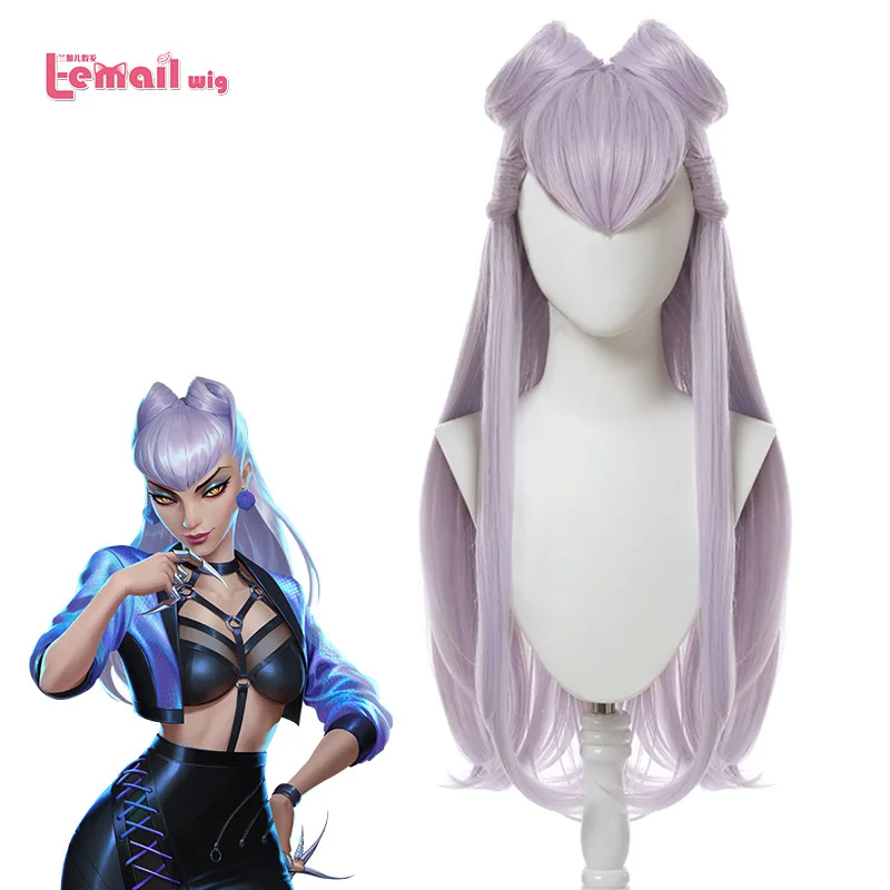 L-email wig Synthetic Hair LoL KDA Evelynn Cosplay Wig LOL Cosplay Kda Evelynn Wig Purple Long Wig with Buns Heat Resistant