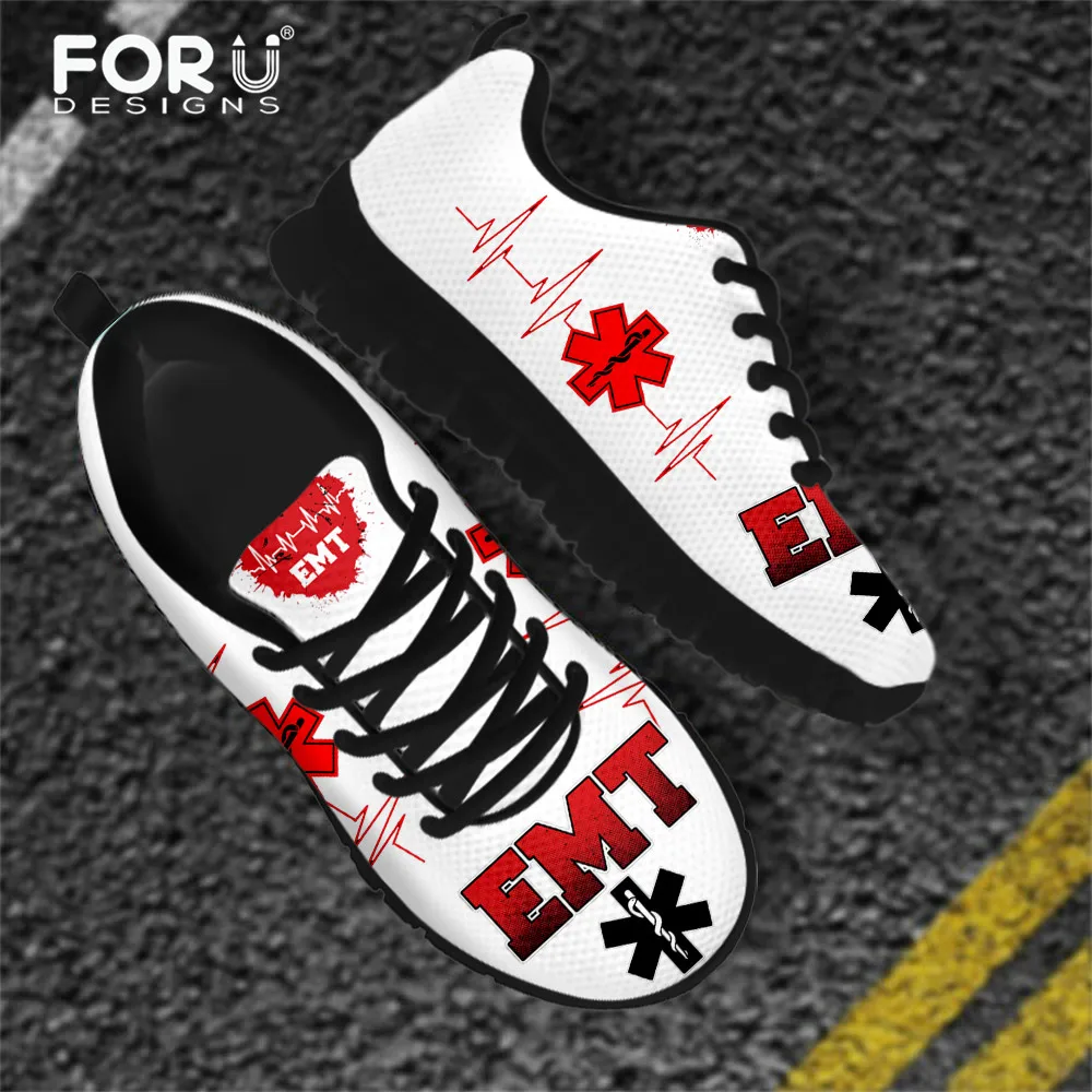 FORUDESIGNS EMT EMS Paramedic Doctor Nurse Medicine Sneakers for Women Casual Flats Air Mesh Comfortable Lace-up Ladies Zapatos