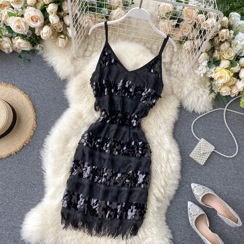 Tassel Sequined Dress Women Sexy V Neck Sleeveless Backless Ladies Vestidos Summer  Fashion Club Sheath Dresses 1B659