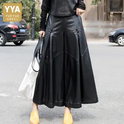 Top Quality Sheepskin Pants Women Autumn Winter Loose Wide Leg Pants Streetwear Vintage Black Elastic Waist Office Lady Trousers