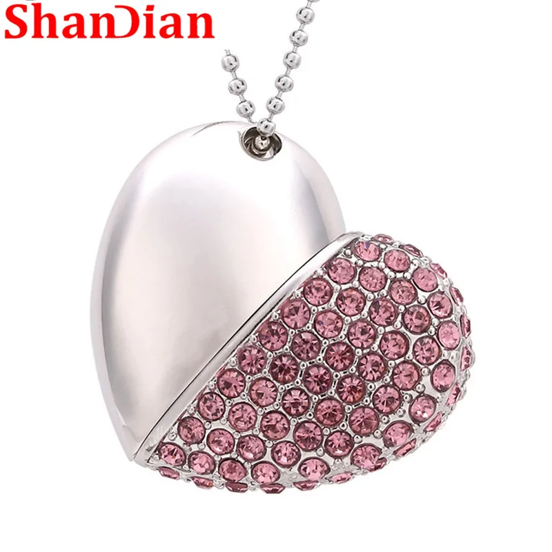 SHANDIAN Promotions fashion metal heart crystal USB Flash Drive precious stone pen drive beauty gift USB 2.0 Memorial Fa