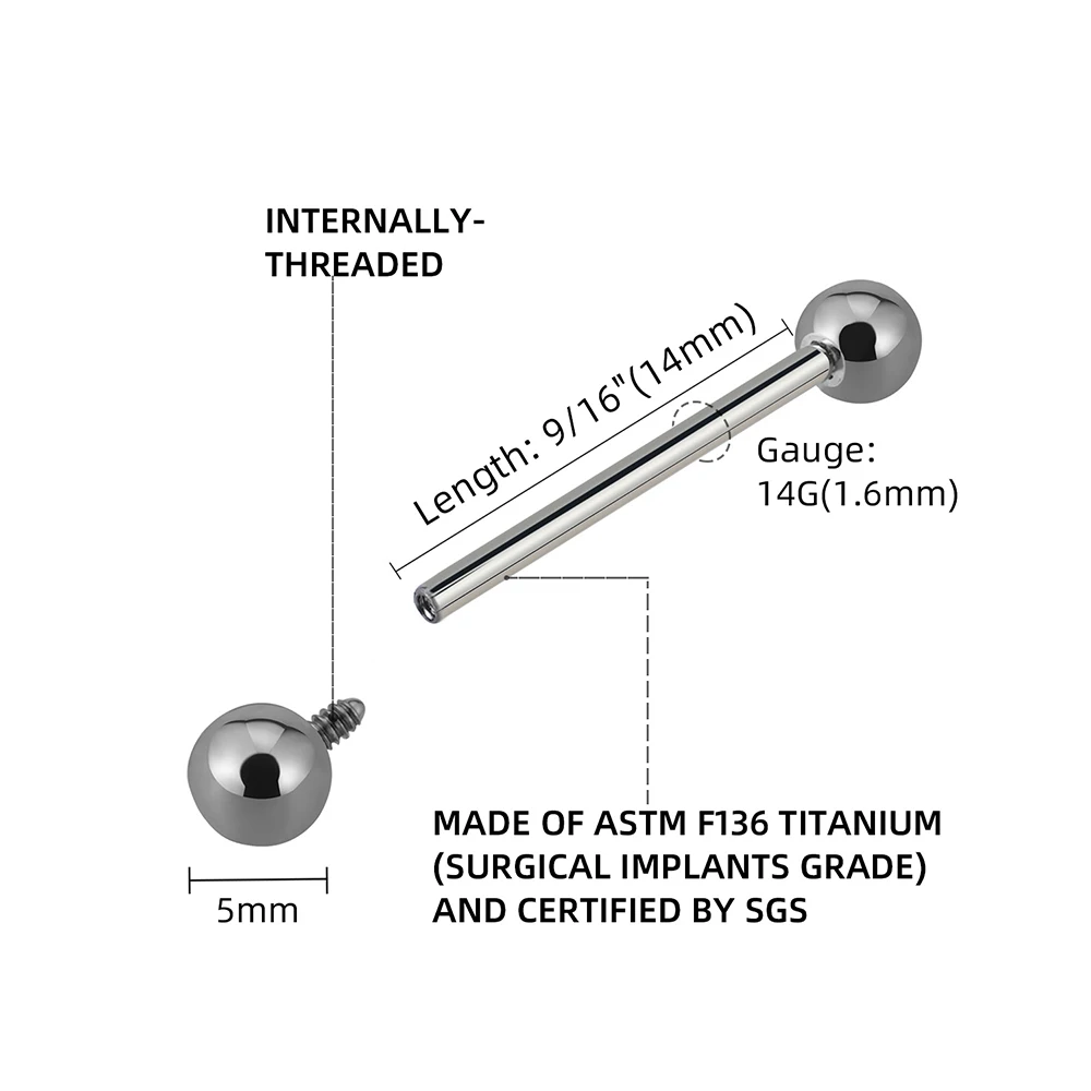 5pcs/lot Right Grand Implant Grade Titanium ASTM F136 Internal Thread Straight Barbells Tongue Ring 12/14/16/19/20/22/25mm Bar