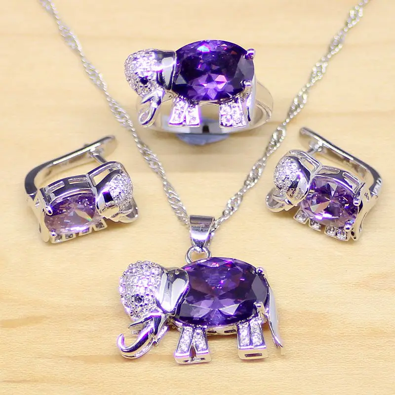 

Elephant Shaped Purple Cubic Zirconia White CZ 925 Sterling Silver Jewelry Sets Women Earrings/Pendant/Necklace/Rings