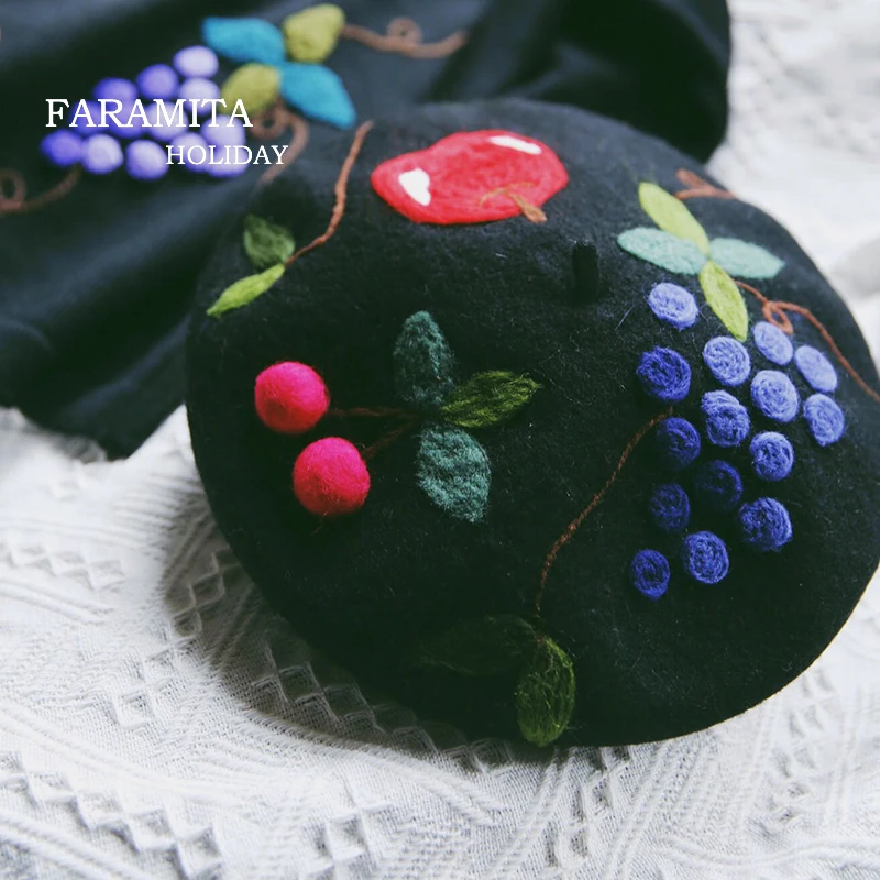 Faramita Holiday Fruit Party Women Kids Cute 3D Berets French Hats Wool Felt Handmade Colorful Beret Handwear 2021 New Painter