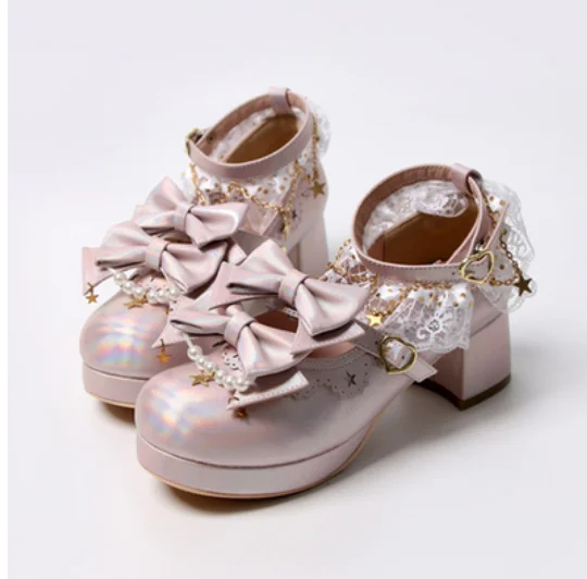 Sweet lolita shoes vintage cute lace bowknot round head thick heel women shoes princess kawaii shoes loli girl cosplay