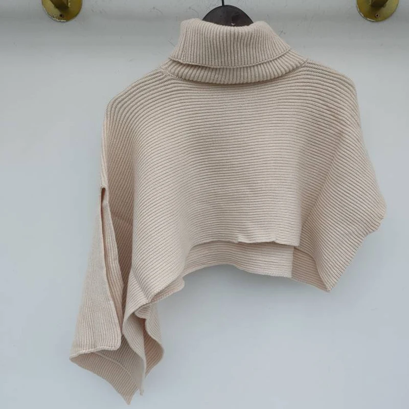 LANMREM 2024 Winter New Women Loose All-match Solid Color Irregular Cloak High Collar Sweater Female Casual Fashion 2W675