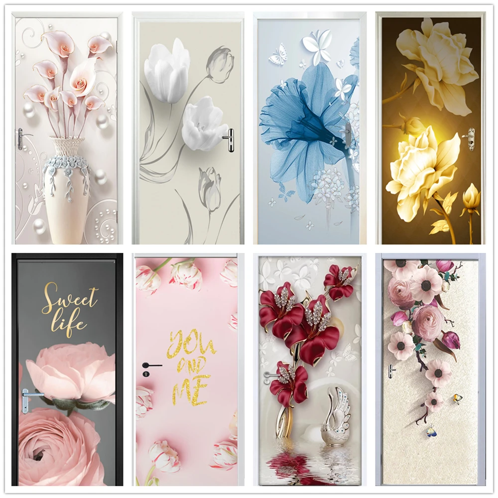 Flower Bedroom Door Sticker for Room Decoration Accessories Teen Girls Waterproof Adhesive Muursticker Papel Mural Painted Paper