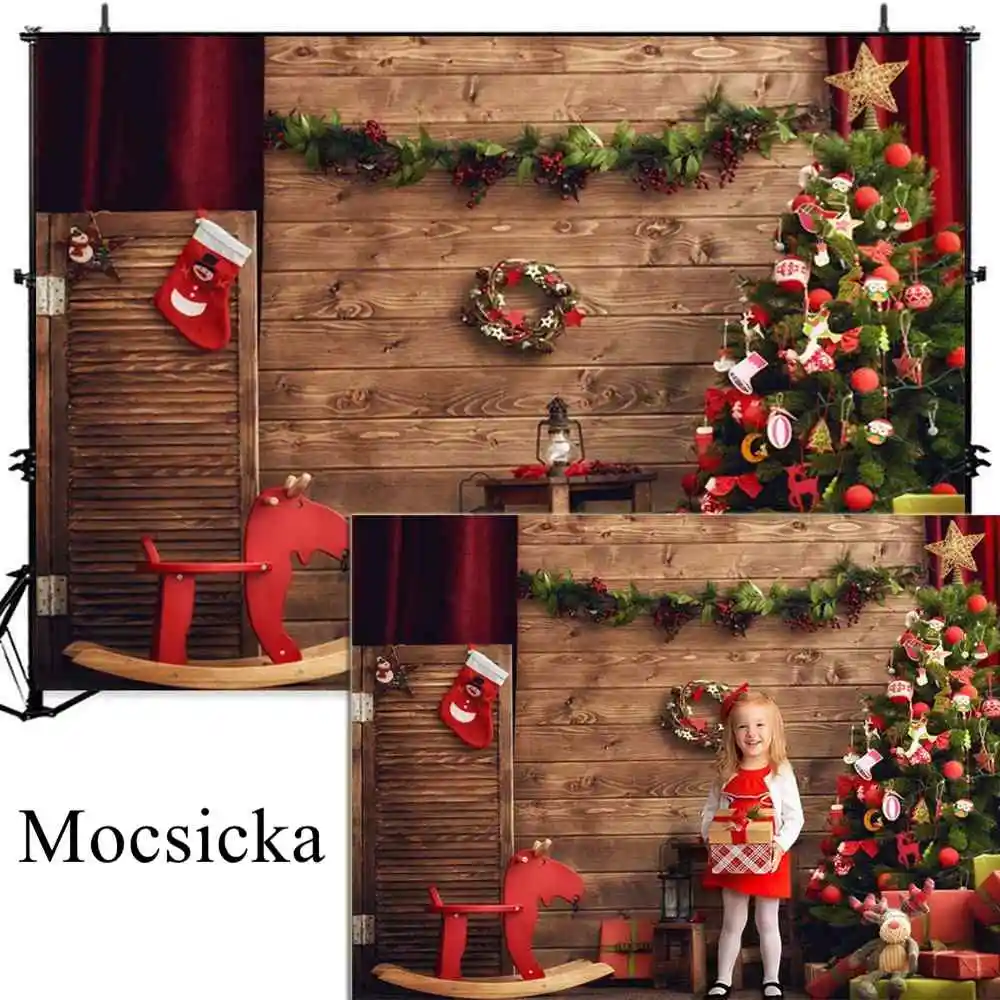 

Mocsicka Wood Christmas Photography Backdrop Christmas Tree Toy Gifts Xmas Sock Background Child Birthday Photocall Photo Studio