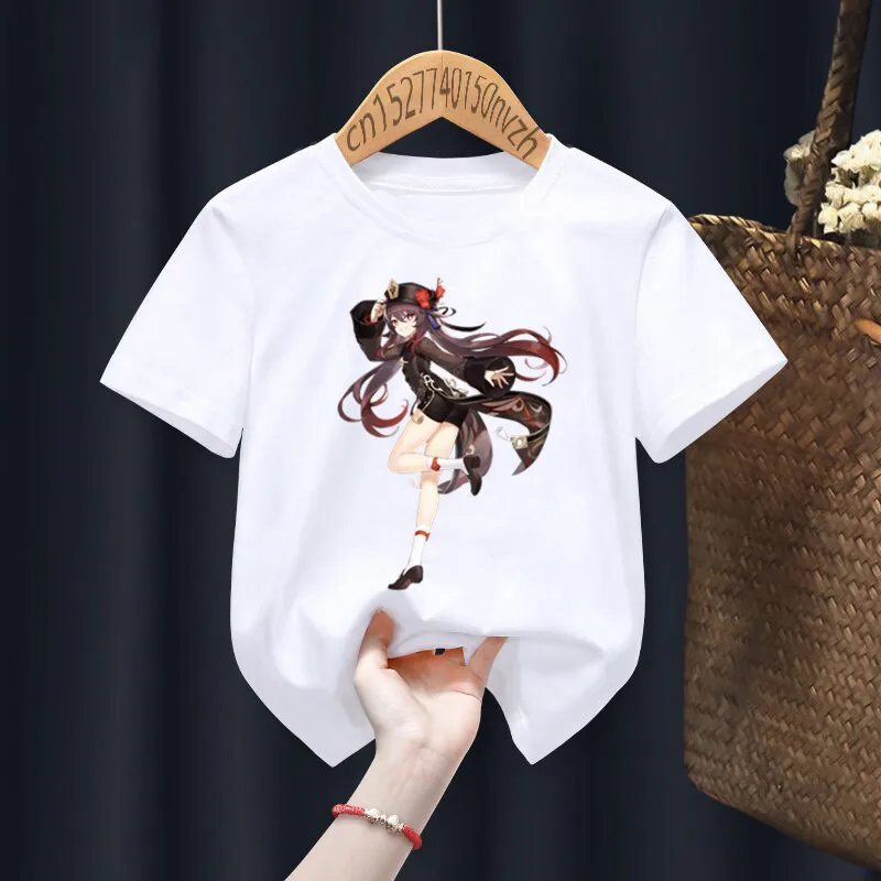 Genshin Impact Hu Tao Print Red Kid T-shirts Children Baby Black Harajuku Kawaii Clothes Boy Girl Tops Gift Present ,Drop Ship