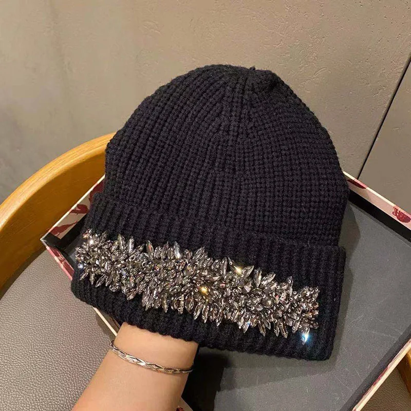 Winter Women Rhinestone Beanies Hats Ladies Elastic Knitted Beanie Skullies Hats For Female Warm Autumn Bonnet Skiing Caps