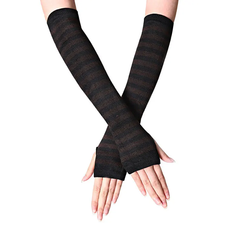Winter Mode Gestreiften Arm Wärmer Gestrickte Weibliche Handgelenk Hand Wärmer Reine Farbe Lange Finger Handschuhe Handschuh Frauen Ärmeln – Detail 9
