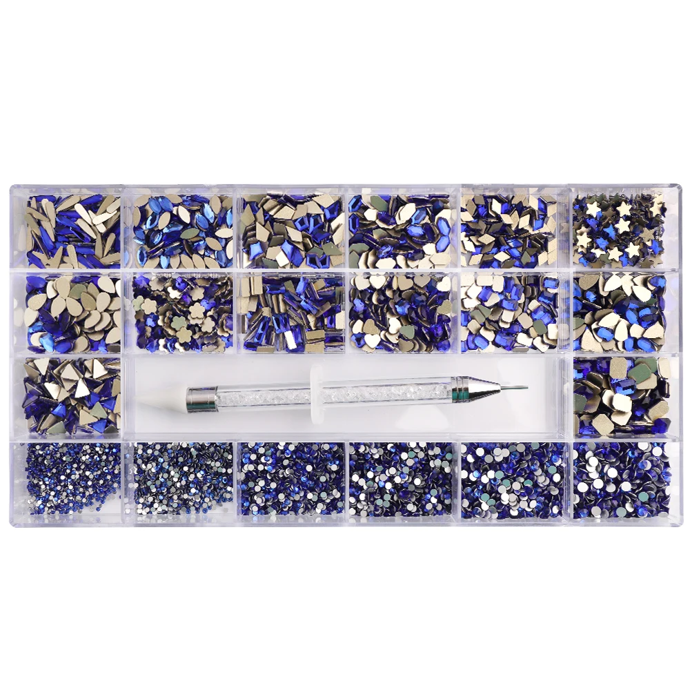 9320Pcs Luxury Shiny Diamond Nail Art Rhinestones Sapphire Decorations Set Crystals Glass 1Pcs Pick Up Pen In Grids Box 21 Shape