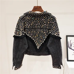 Autumn New Fashion Heavy Work Beading Wash Denim Jacket Women Loose Short Denim Coats Studded Black Blue Jeans Jacket Streetwear