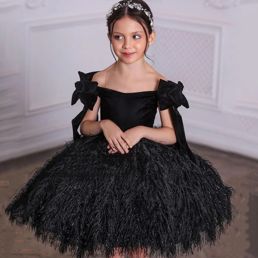 Vestidos de niña de flores con plumas, vestido de fiesta negro personalizado, vestido de fiesta de cumpleaños para niñas hasta la rodilla con purpurina abombada, desfile para niños