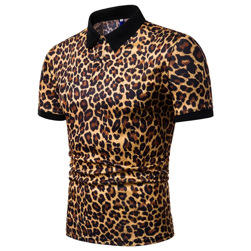 Fashion New Summer Casual T Shirt Men Short Sleeve Turn Down Collar Slim Fit Shirt Sexy leopard print polo shirt