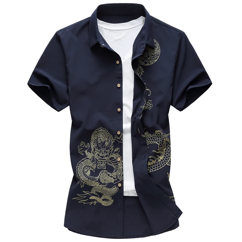 Chemise à Manches Courtes pour Homme, Style Chinois, Imprimé Dragon, Business, Décontracté, Vin, Rouge, Bleu, Noir, ix, Mariage, Nouveau