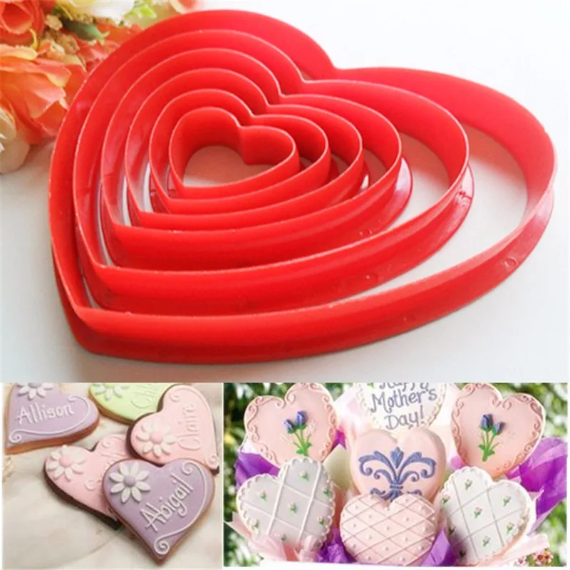 6pcs/set Love Heart Shaped Plastic Cake mold cookie cutter biscuit stamp fondant Sugar Craft pastry cake decorating tools